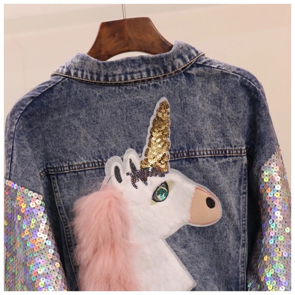 🆕 Faux Fur Unicorn Sequin Denim Crop Jacket C74 - Picture 4 of 7